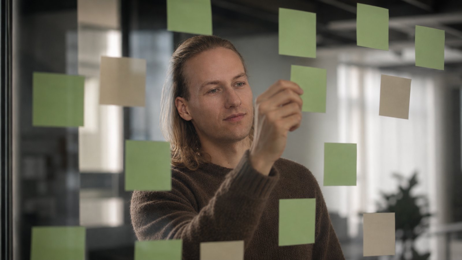 Mapping the Lightyear help centre structure with sticky notes on glass