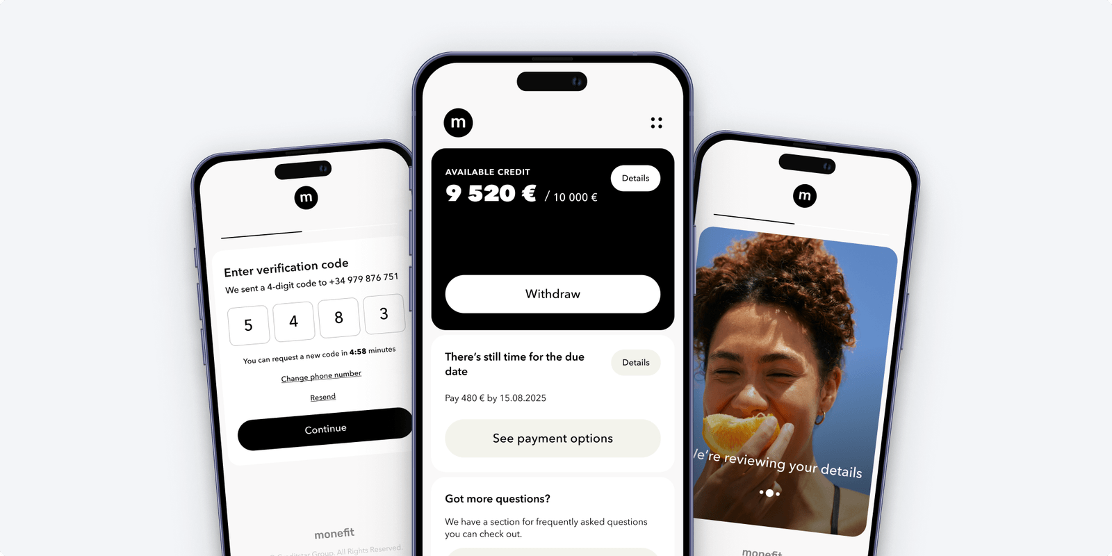 Monefit credit subscription app screens, 0% interest consumer credit funnel
