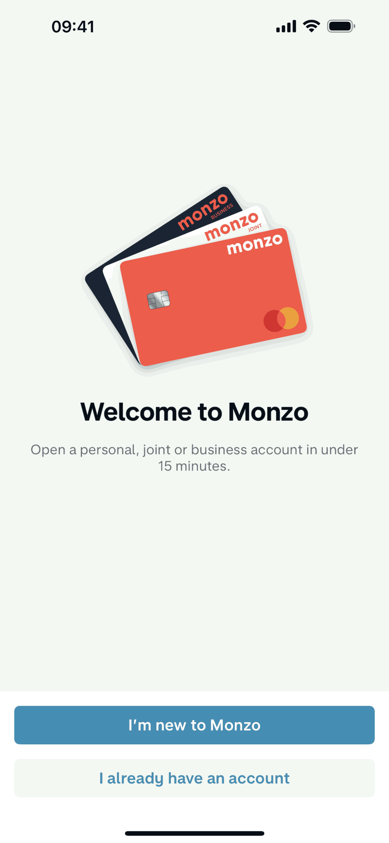 Monzo iOS welcome screen promising an account in under 15 minutes
