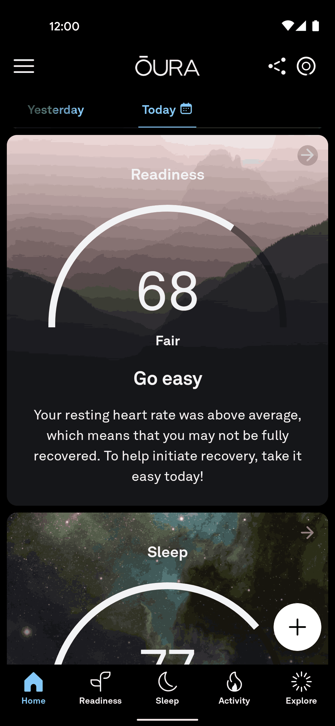 Oura app summary screen leading with a single readiness score