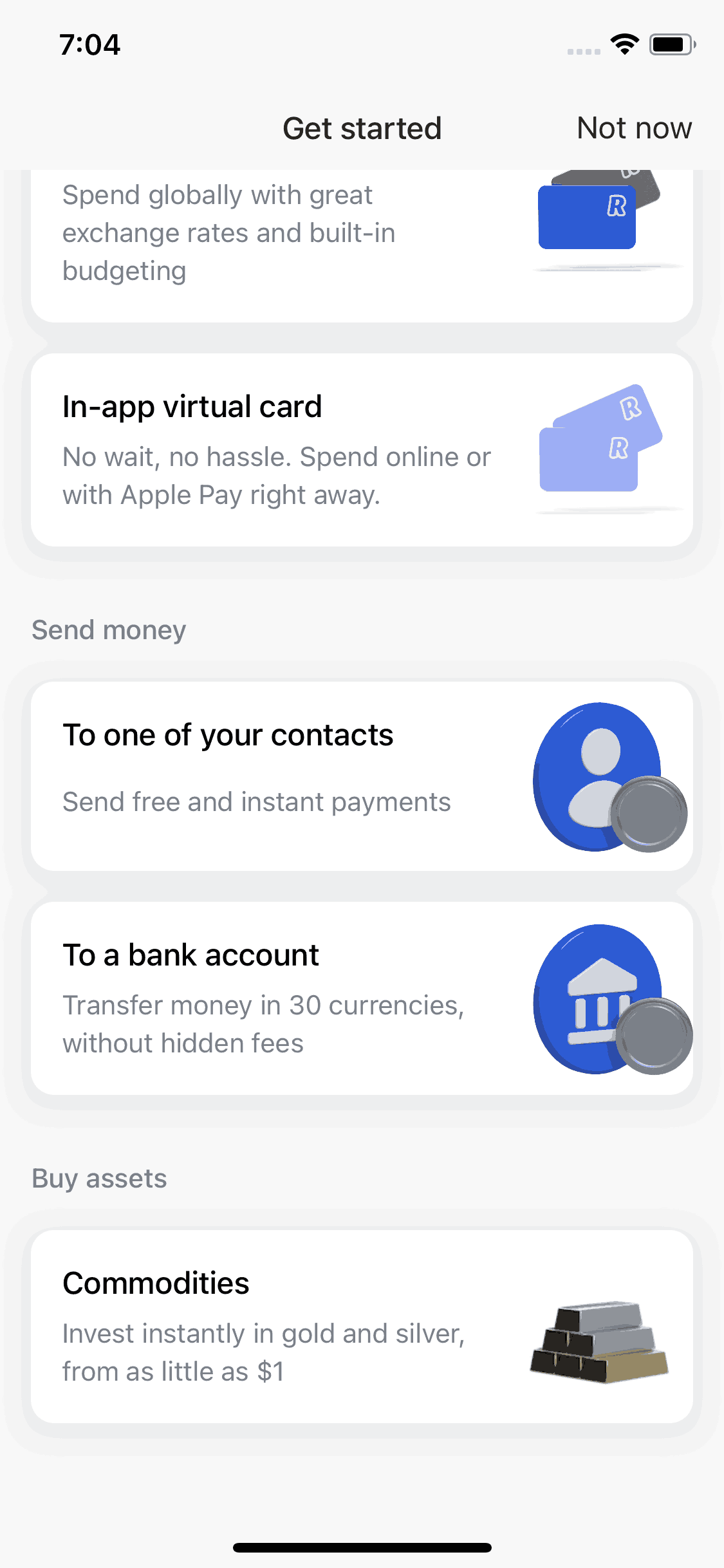 Revolut getting started screen listing concrete product features