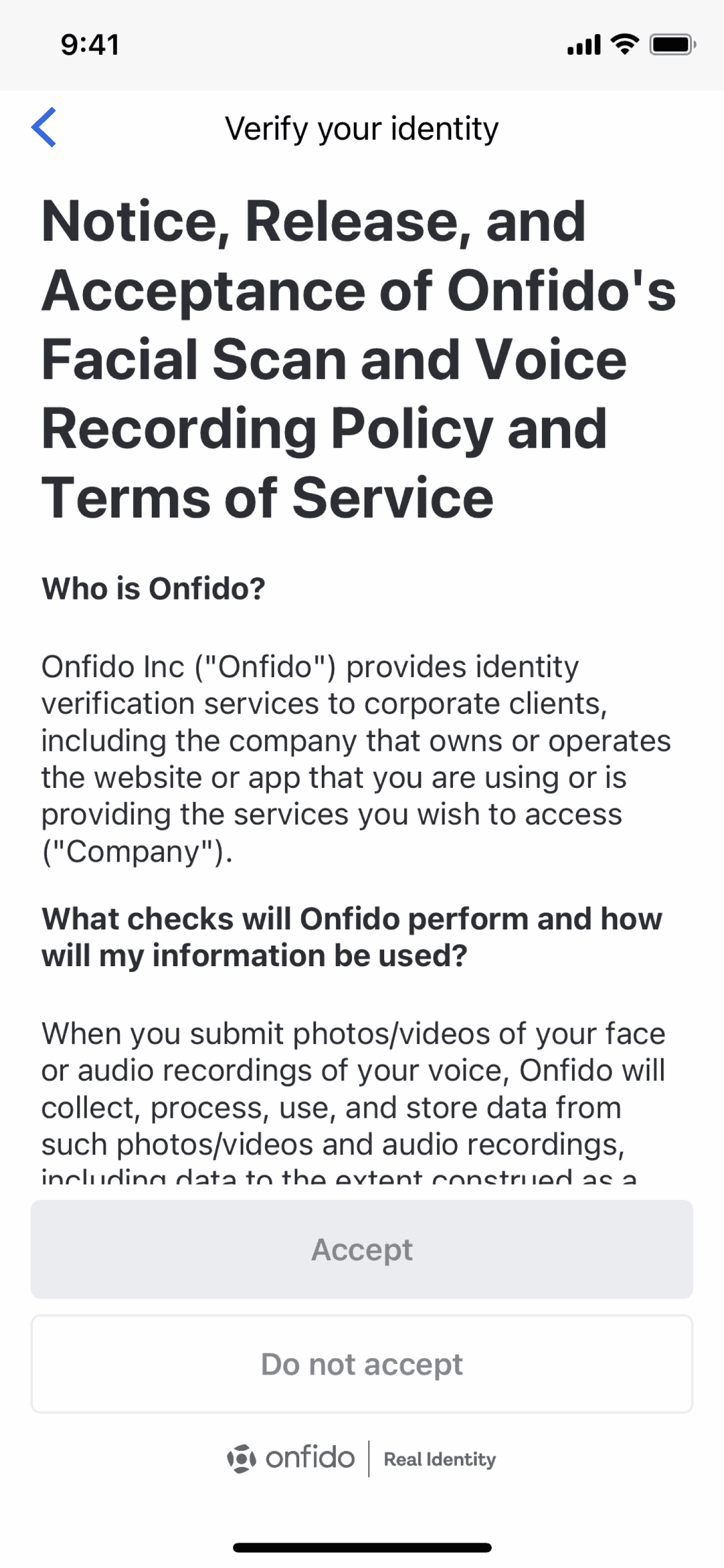 Revolut iOS identity verification legal text from Onfido