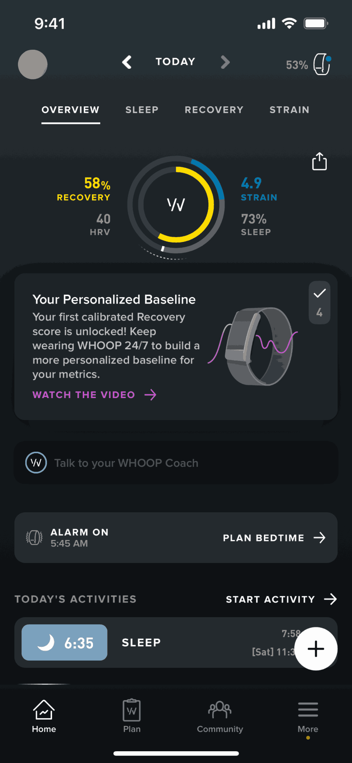 Whoop home screen showing recovery as a single percentage